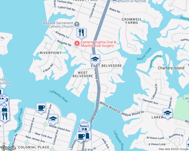 map of restaurants, bars, coffee shops, grocery stores, and more near 5815 Granby Street in Norfolk