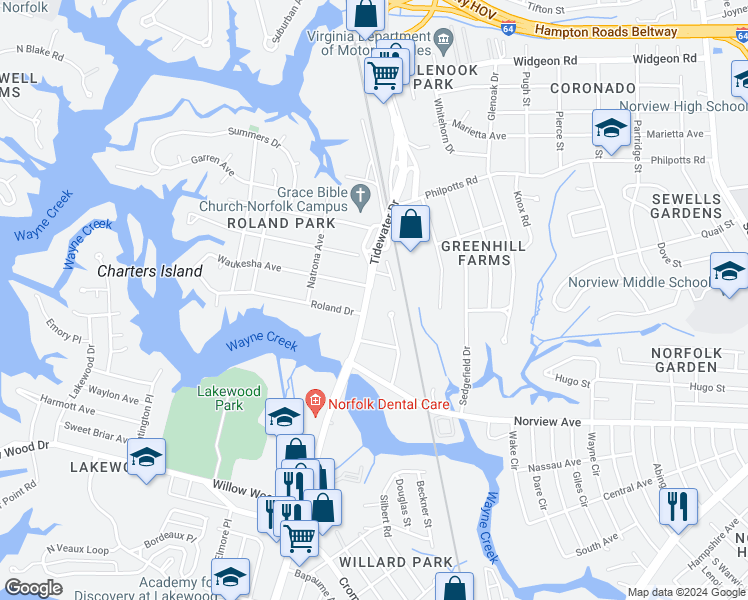map of restaurants, bars, coffee shops, grocery stores, and more near 6216 Tidewater Drive in Norfolk