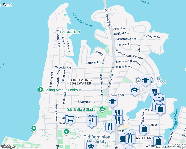 map of restaurants, bars, coffee shops, grocery stores, and more near 1329 Rockbridge Avenue in Norfolk