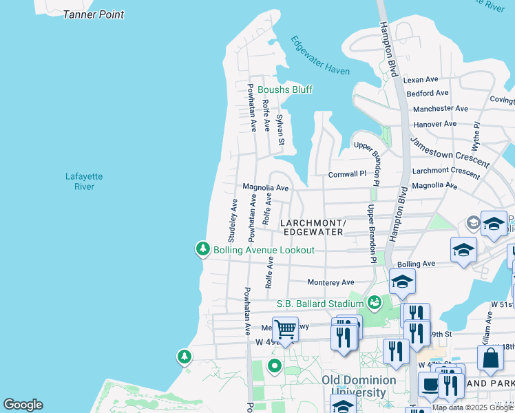 map of restaurants, bars, coffee shops, grocery stores, and more near 5426 Powhatan Avenue in Norfolk