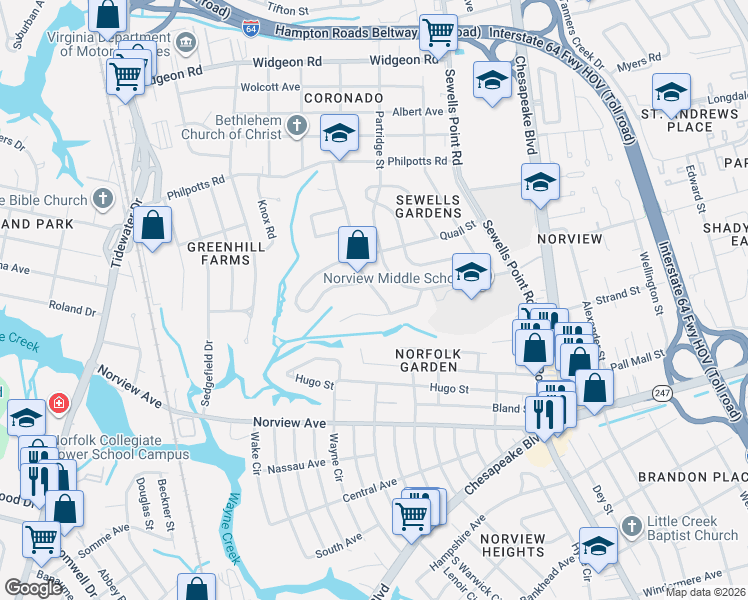 map of restaurants, bars, coffee shops, grocery stores, and more near 972 Winward Road in Norfolk