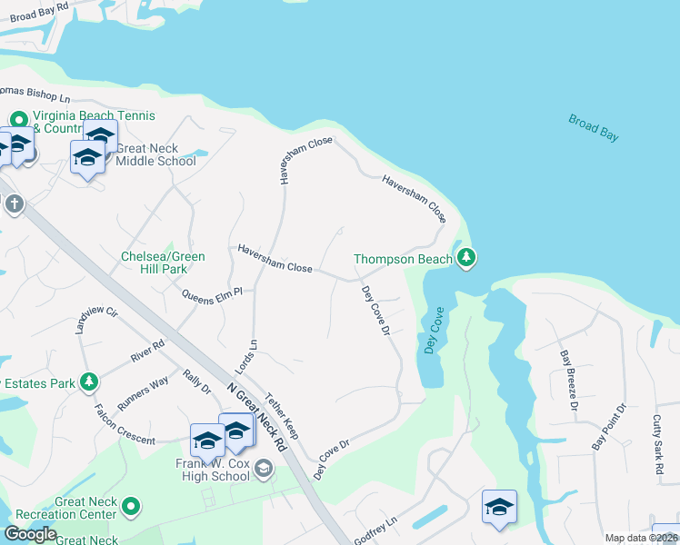 map of restaurants, bars, coffee shops, grocery stores, and more near 2444 Haversham Close in Virginia Beach