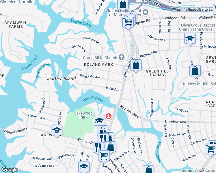 map of restaurants, bars, coffee shops, grocery stores, and more near 645 Roland Drive in Norfolk