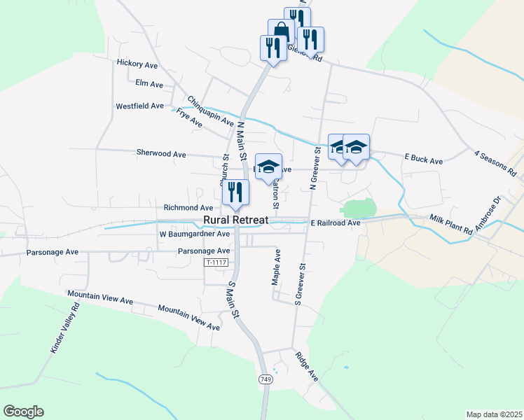 map of restaurants, bars, coffee shops, grocery stores, and more near 144 East Railroad Avenue in Rural Retreat