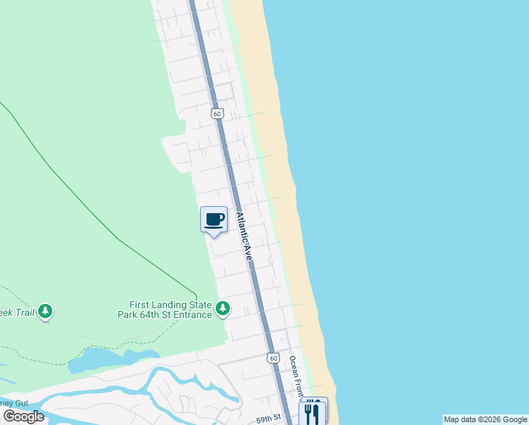 map of restaurants, bars, coffee shops, grocery stores, and more near 106 68th Street in Virginia Beach