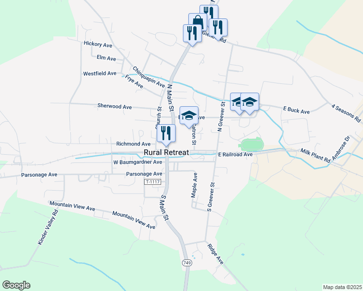map of restaurants, bars, coffee shops, grocery stores, and more near 144-146 East Railroad Avenue in Rural Retreat
