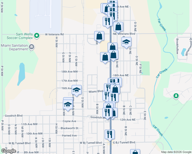 map of restaurants, bars, coffee shops, grocery stores, and more near 1700 B Street Northwest in Miami