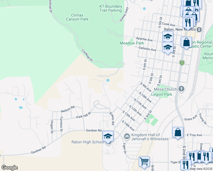 map of restaurants, bars, coffee shops, grocery stores, and more near 1350 Scenic Road in Raton