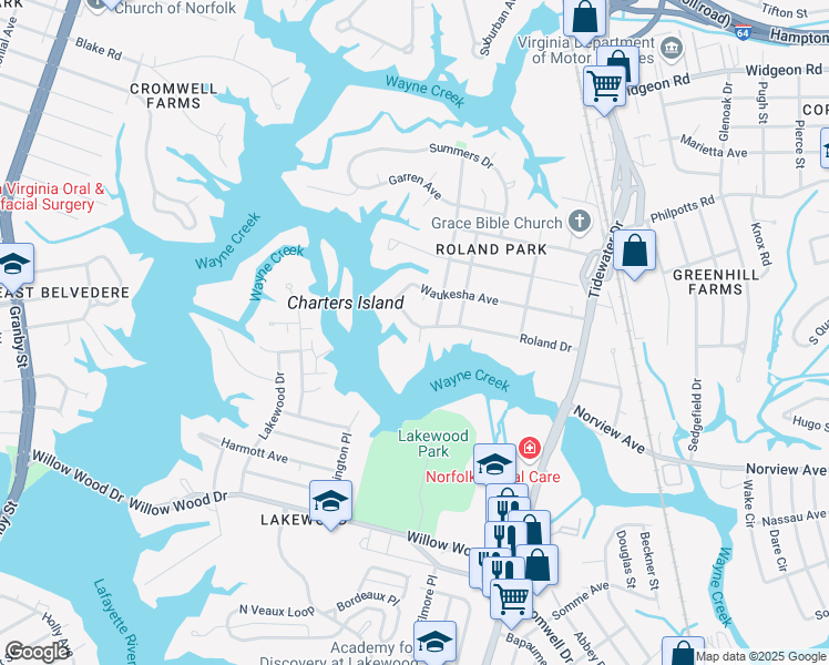 map of restaurants, bars, coffee shops, grocery stores, and more near 529 Roland Drive in Norfolk