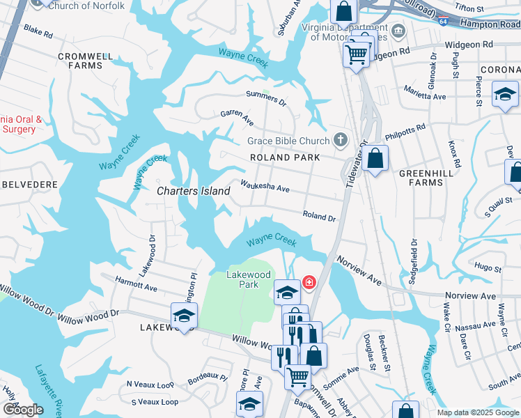 map of restaurants, bars, coffee shops, grocery stores, and more near 549 Roland Drive in Norfolk