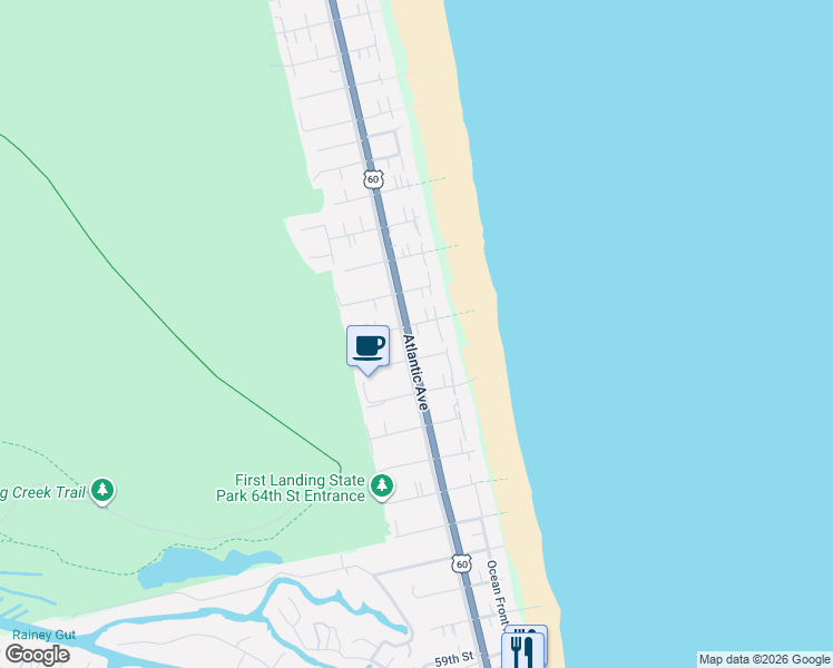 map of restaurants, bars, coffee shops, grocery stores, and more near 106 68th Street in Virginia Beach
