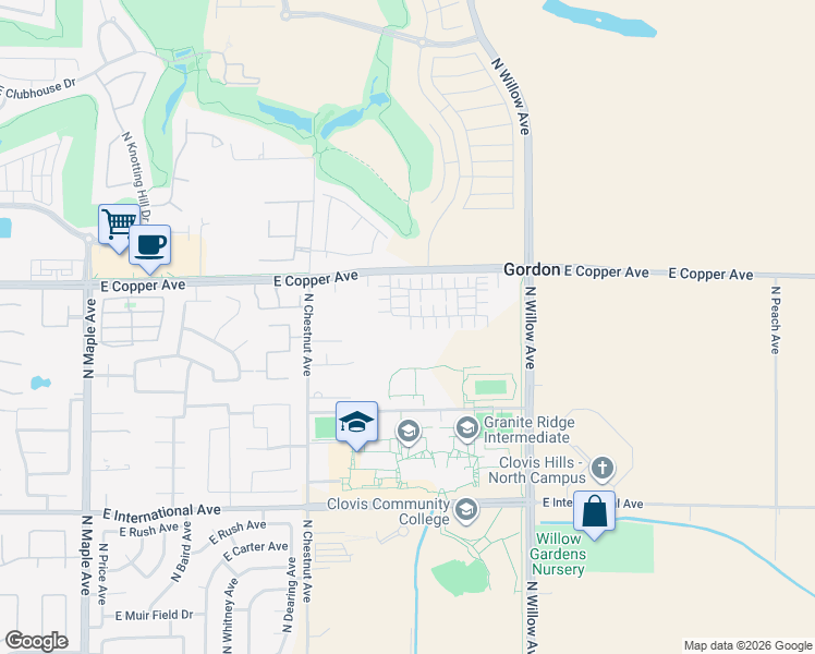 map of restaurants, bars, coffee shops, grocery stores, and more near 2711 East Copper Avenue in Clovis