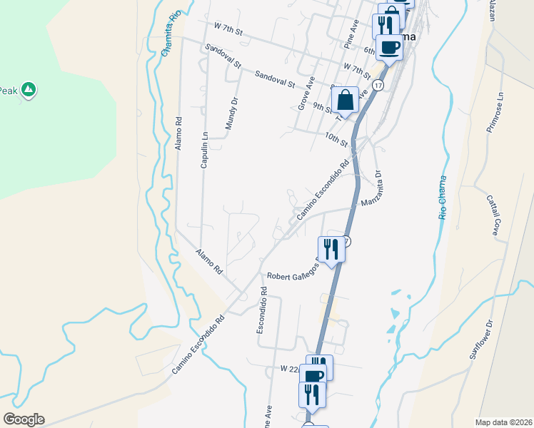 map of restaurants, bars, coffee shops, grocery stores, and more near Thistle Loop in Chama