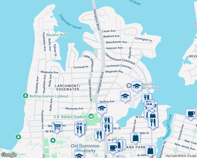map of restaurants, bars, coffee shops, grocery stores, and more near 5715 Hampton Boulevard in Norfolk