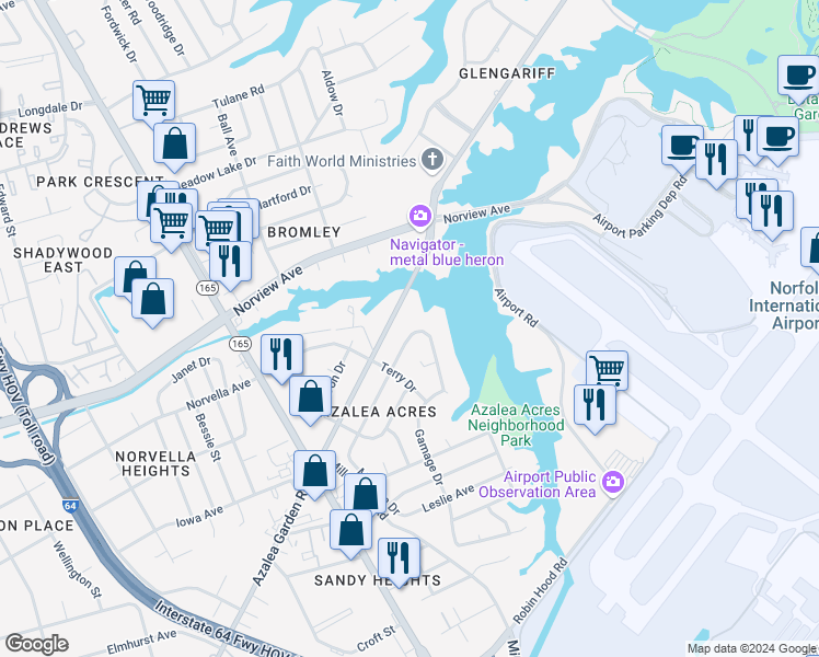 map of restaurants, bars, coffee shops, grocery stores, and more near 5824 Andrea Drive in Norfolk