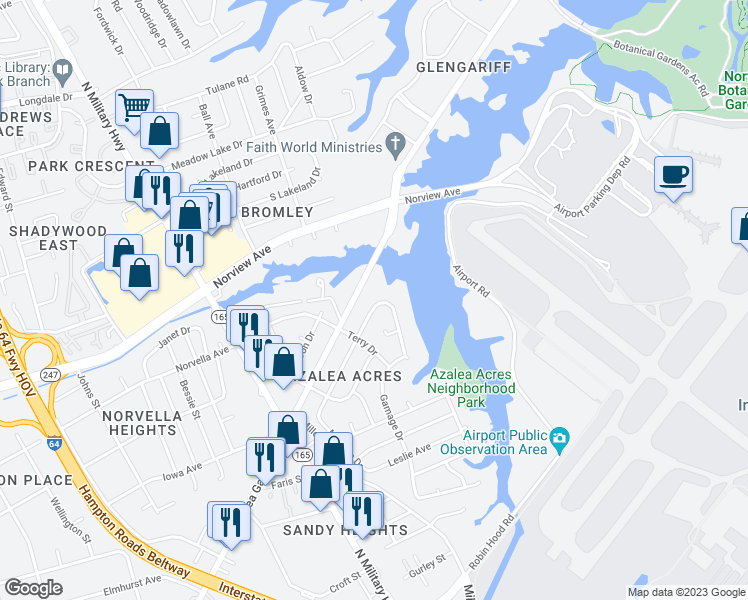 map of restaurants, bars, coffee shops, grocery stores, and more near 5824 Andrea Drive in Norfolk