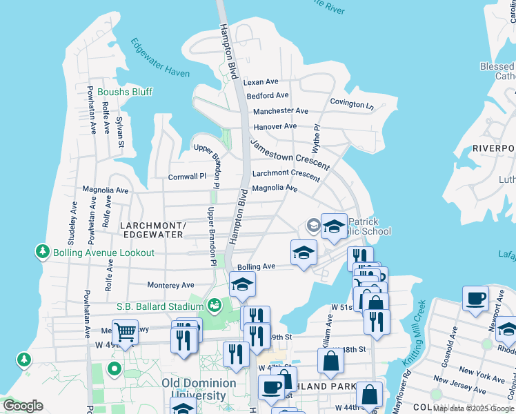 map of restaurants, bars, coffee shops, grocery stores, and more near 1133 Rockbridge Avenue in Norfolk