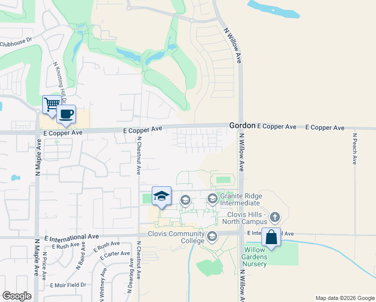 map of restaurants, bars, coffee shops, grocery stores, and more near 2711 East Copper Avenue in Clovis