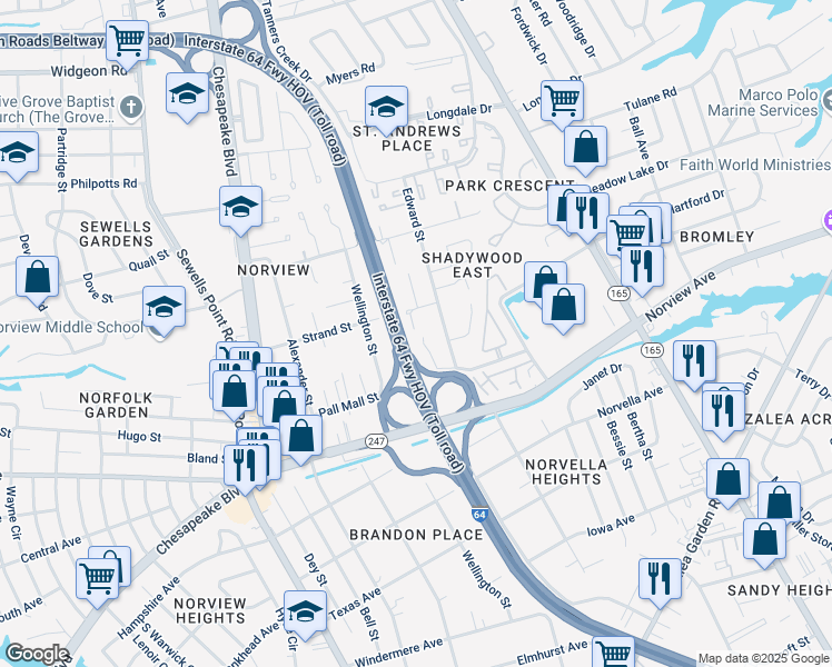 map of restaurants, bars, coffee shops, grocery stores, and more near 6224 Geneva Way in Norfolk