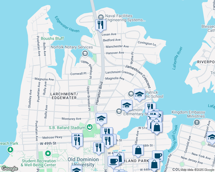 map of restaurants, bars, coffee shops, grocery stores, and more near 1133 Rockbridge Avenue in Norfolk
