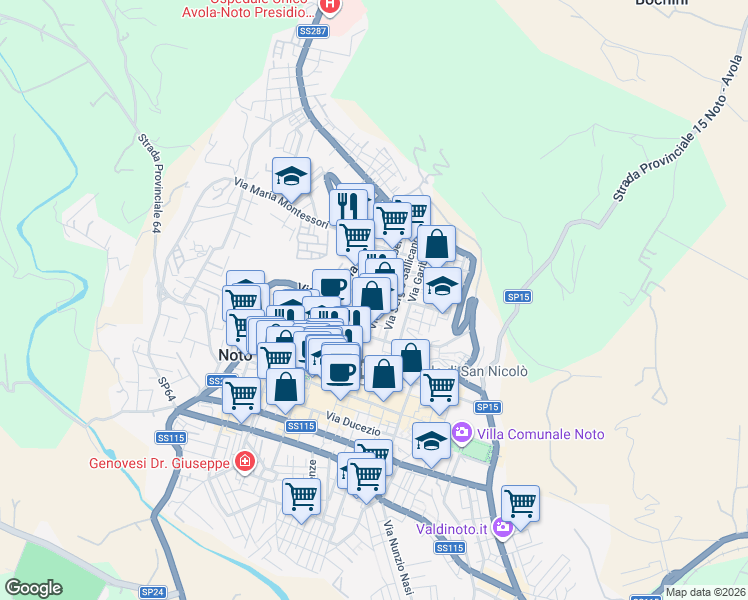 map of restaurants, bars, coffee shops, grocery stores, and more near 7 Via Grimaldi Bernardino in Noto