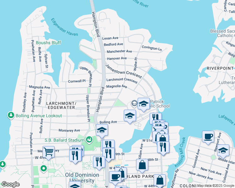 map of restaurants, bars, coffee shops, grocery stores, and more near 1111 Rockbridge Avenue in Norfolk