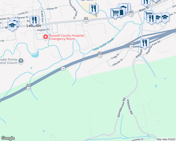 map of restaurants, bars, coffee shops, grocery stores, and more near 818 Trigg Drive in Lebanon