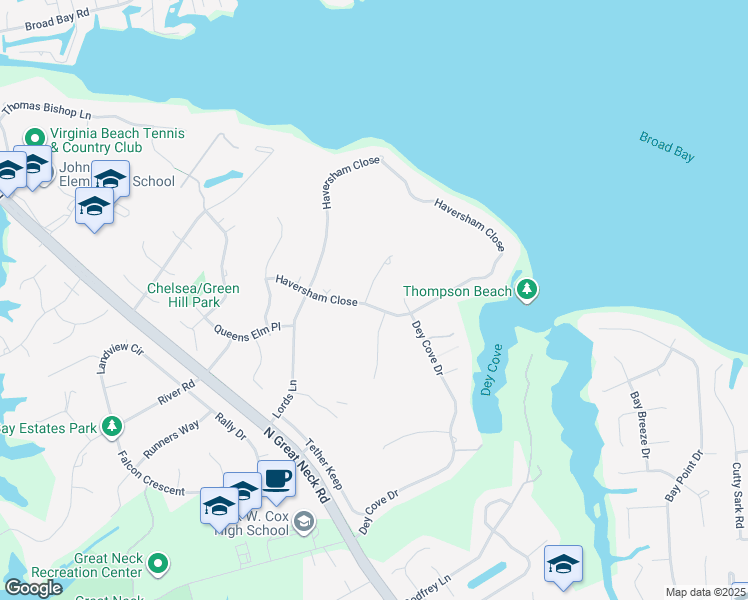 map of restaurants, bars, coffee shops, grocery stores, and more near 2452 Haversham Close in Virginia Beach