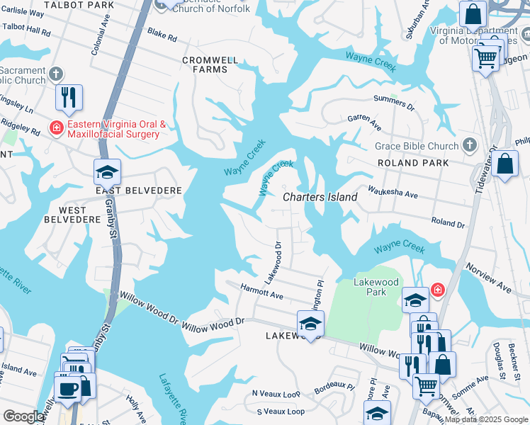 map of restaurants, bars, coffee shops, grocery stores, and more near 1302 Pamela Place in Norfolk