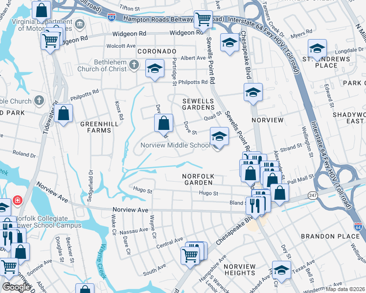 map of restaurants, bars, coffee shops, grocery stores, and more near 1004 Winward Road in Norfolk