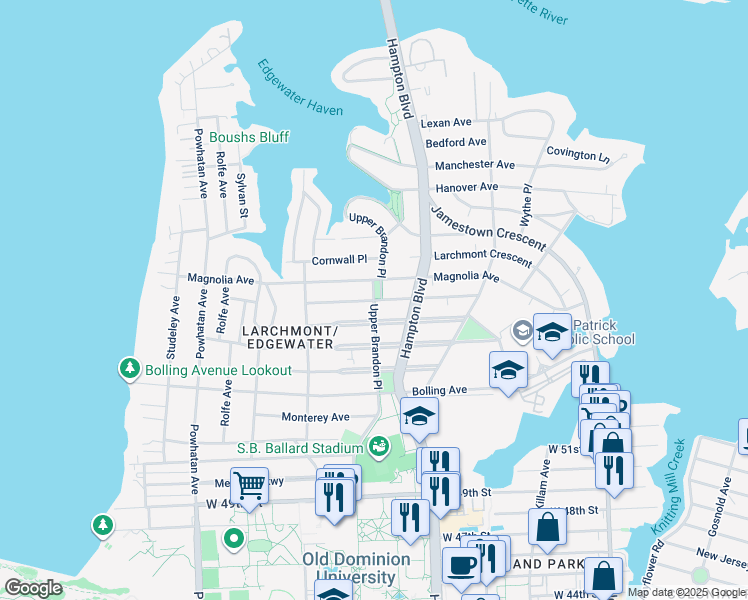 map of restaurants, bars, coffee shops, grocery stores, and more near 1230 Westmoreland Avenue in Norfolk