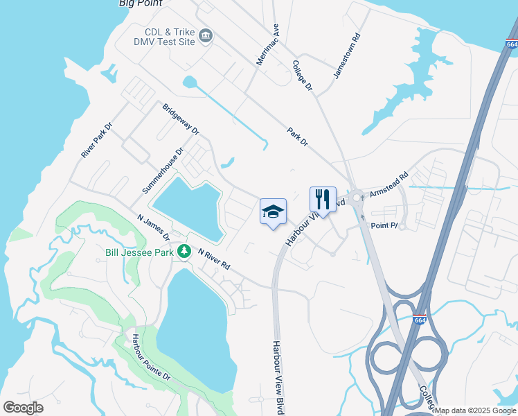 map of restaurants, bars, coffee shops, grocery stores, and more near 103 Longtail Drive in Suffolk