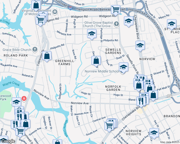map of restaurants, bars, coffee shops, grocery stores, and more near 957 South Quail Street in Norfolk