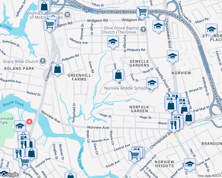 map of restaurants, bars, coffee shops, grocery stores, and more near 957 South Quail Street in Norfolk