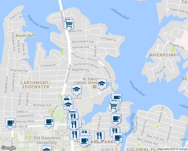 map of restaurants, bars, coffee shops, grocery stores, and more near 931 Magnolia Avenue in Norfolk