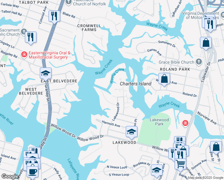 map of restaurants, bars, coffee shops, grocery stores, and more near 1302 Pamela Place in Norfolk
