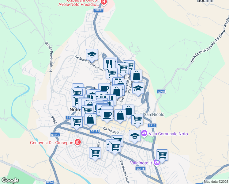 map of restaurants, bars, coffee shops, grocery stores, and more near Via Bernardino Grimaldi in Noto