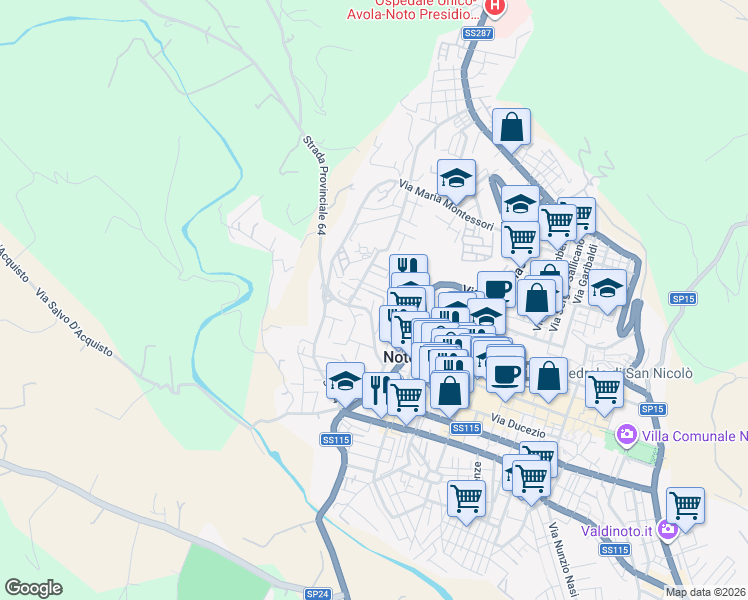 map of restaurants, bars, coffee shops, grocery stores, and more near 40 Via Giuseppe Alessi in Noto