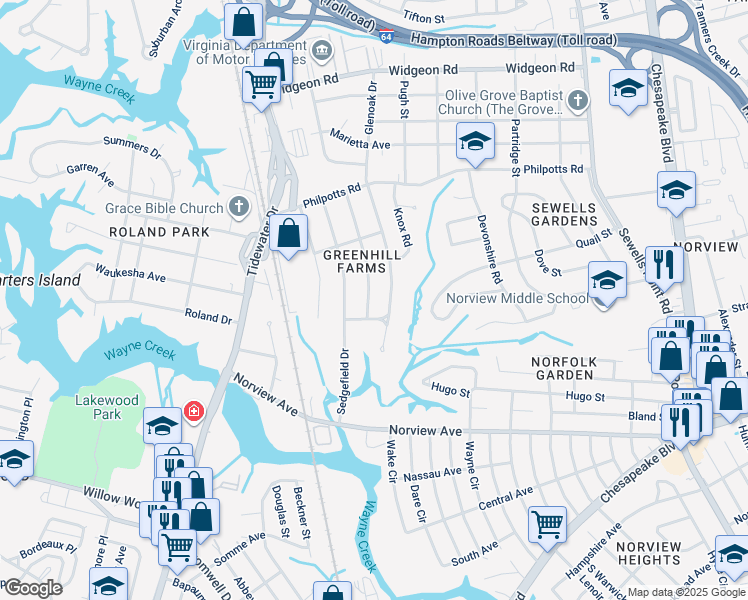 map of restaurants, bars, coffee shops, grocery stores, and more near 6312 Avon Road in Norfolk