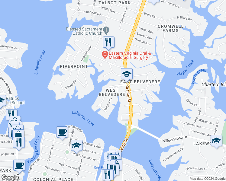 map of restaurants, bars, coffee shops, grocery stores, and more near 202 Regent Road in Norfolk