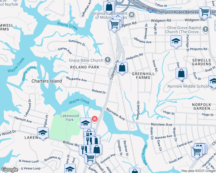 map of restaurants, bars, coffee shops, grocery stores, and more near 6251 Tidewater Drive in Norfolk