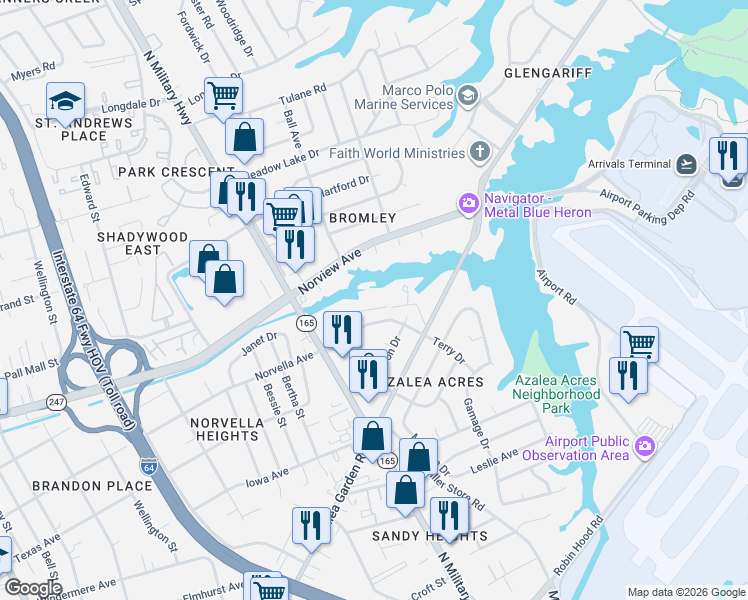 map of restaurants, bars, coffee shops, grocery stores, and more near 3612 Terry Drive in Norfolk