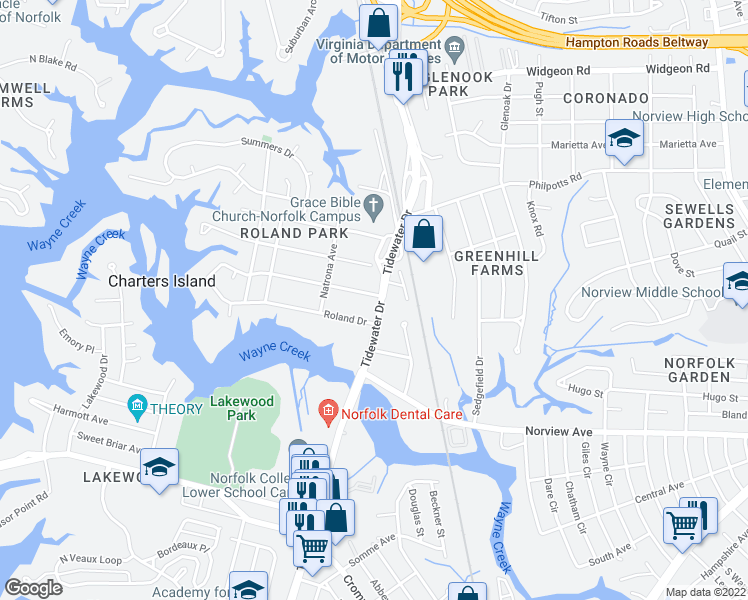 map of restaurants, bars, coffee shops, grocery stores, and more near 6251 Tidewater Drive in Norfolk
