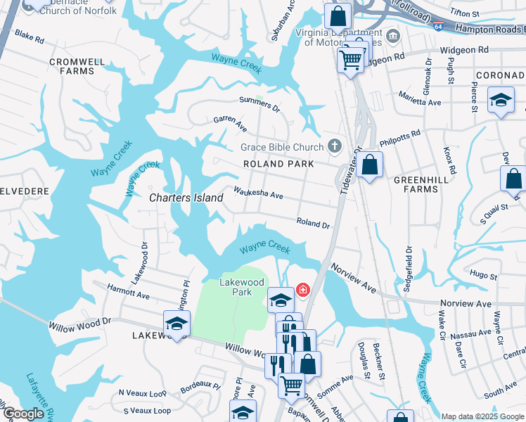 map of restaurants, bars, coffee shops, grocery stores, and more near 615 Roland Drive in Norfolk