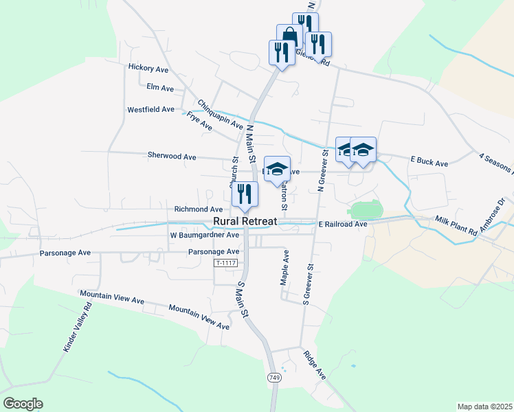 map of restaurants, bars, coffee shops, grocery stores, and more near 144-146 East Railroad Avenue in Rural Retreat