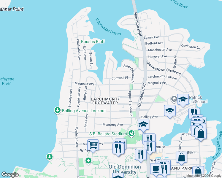 map of restaurants, bars, coffee shops, grocery stores, and more near 1363 Rockbridge Avenue in Norfolk