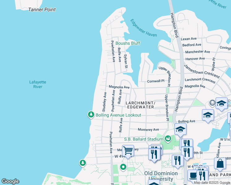 map of restaurants, bars, coffee shops, grocery stores, and more near 5434 Powhatan Avenue in Norfolk