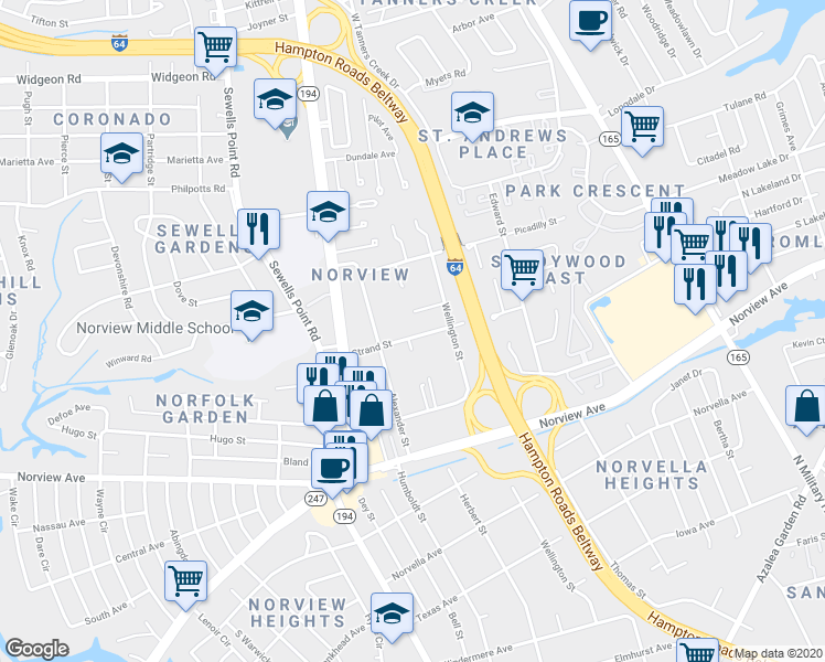 map of restaurants, bars, coffee shops, grocery stores, and more near 1268 Strand Street in Norfolk