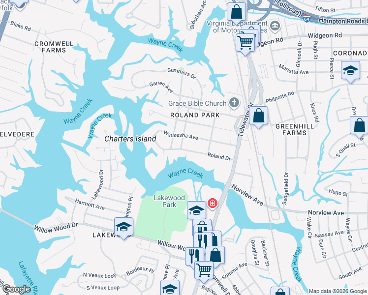 map of restaurants, bars, coffee shops, grocery stores, and more near 615 Roland Drive in Norfolk