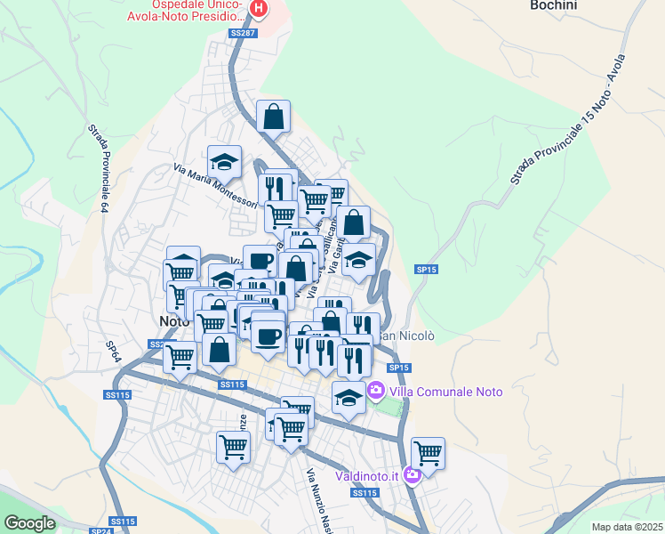 map of restaurants, bars, coffee shops, grocery stores, and more near 14 Piazza Francesco Crispi in Noto